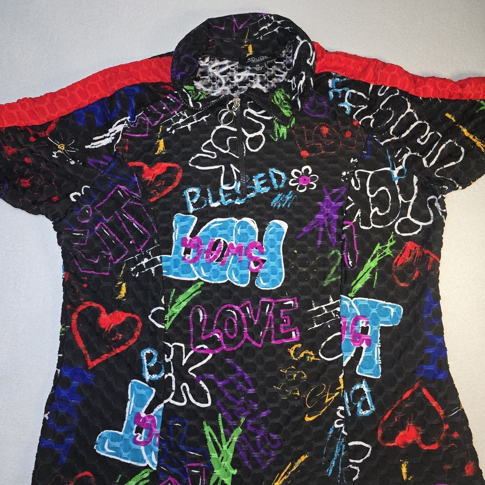 Rouge 3X Plus Streetwear‎ Popcorn Top Y2K Graffiti Print Bubble Knit 1/4 Zip...